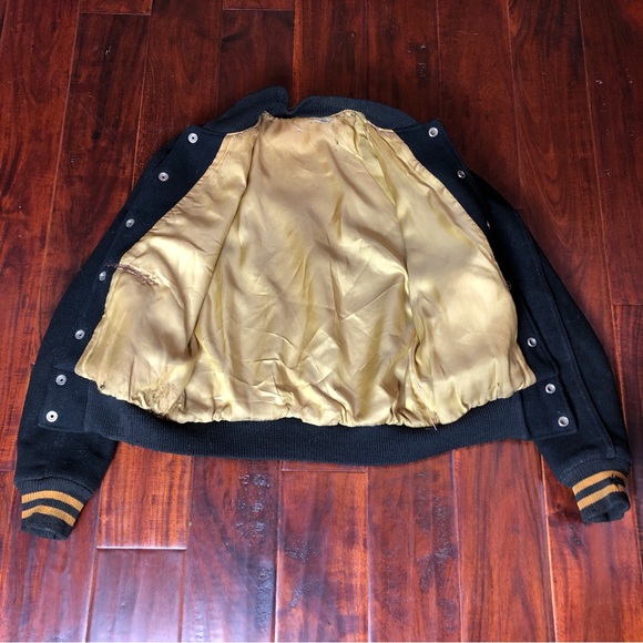 50s Black Gold Wool Letterman Varsity Jacket Distressed Athletic Satin Lining - Picture 5 of 10